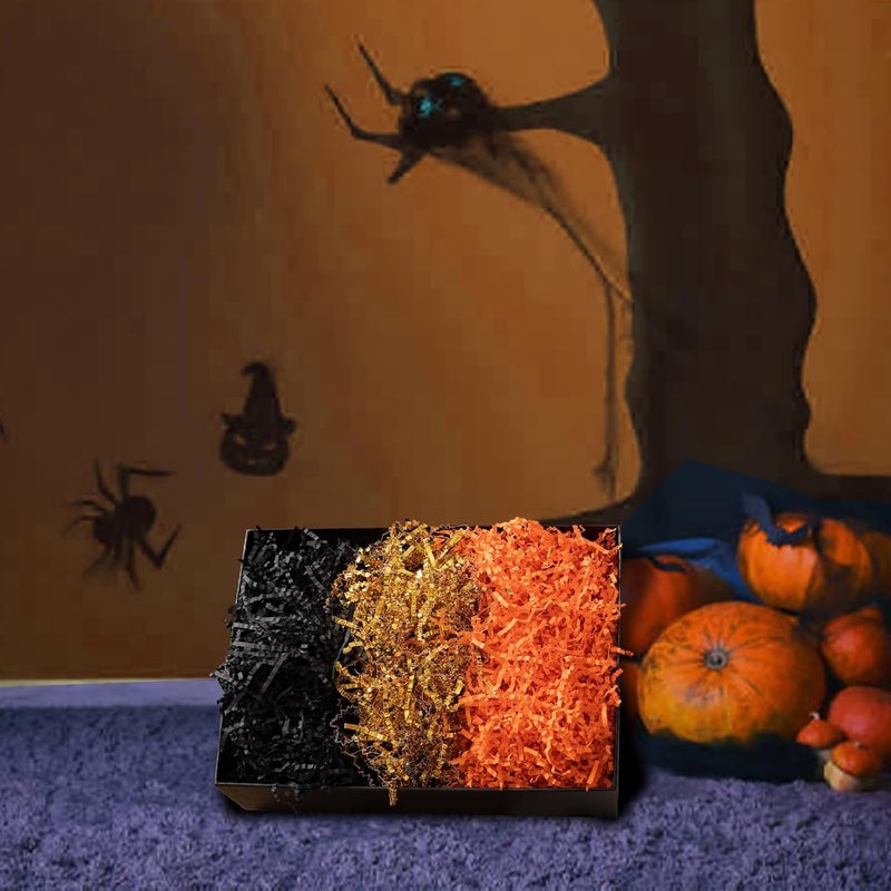 Gloreyan 3 Colors Halloween Crinkle Cut Paper Shred, Black Orange Gold Raffia Paper Sherd Filler Grass for Gift Wrapping Basket Filling Birthdays Weddings Party Supply(10.6 oz) - Image 5